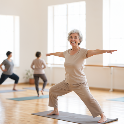 Female teacher Jean demonstrating pilates movement, focused expression, professional studio environment